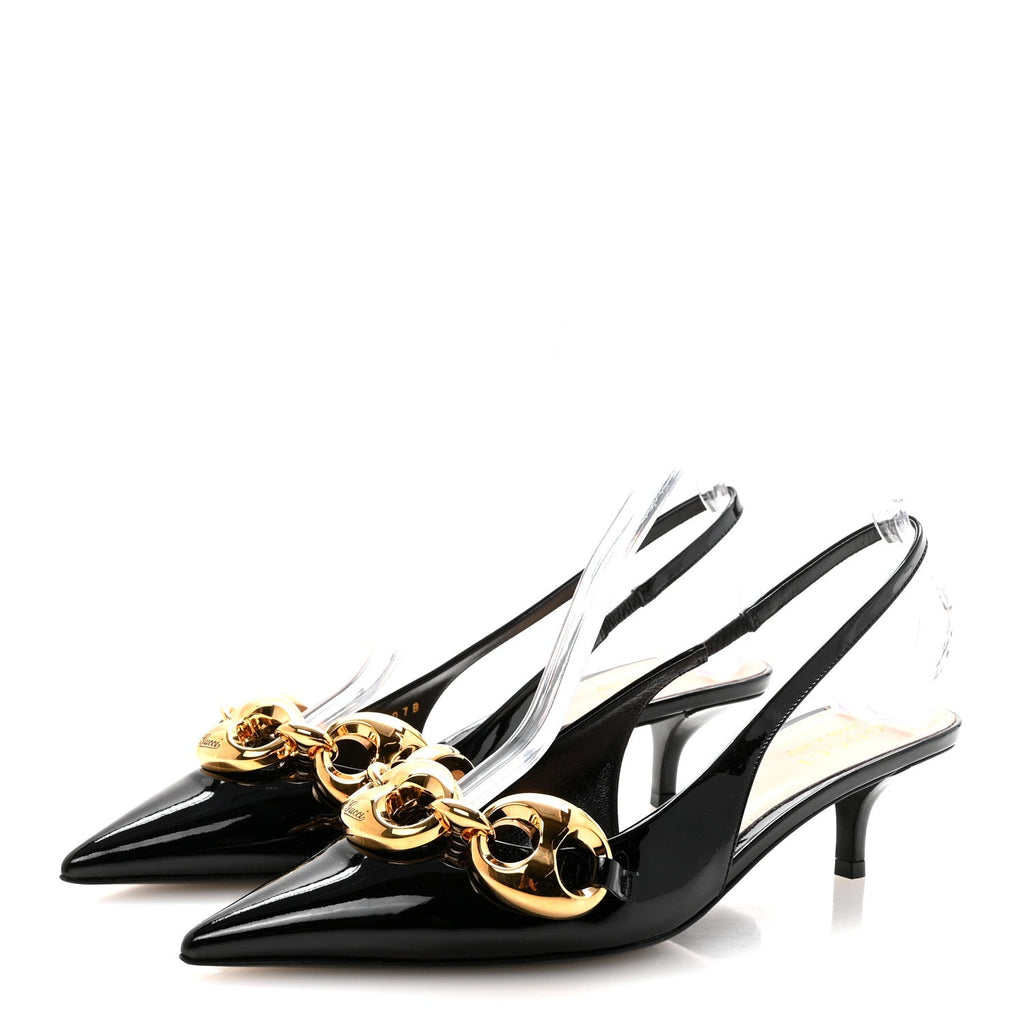 Gucci Vernice Crystal Nappa Charlotte Marina Slingback Pumps 37 Black