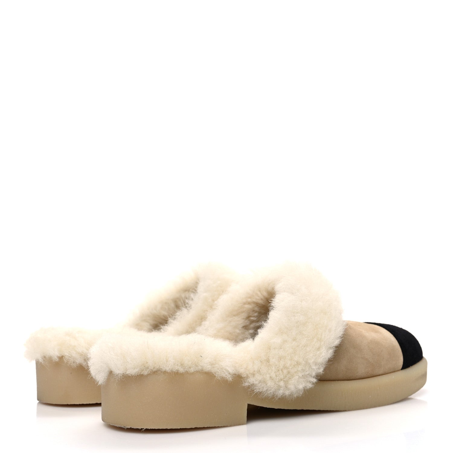 Chanel Suede Shearling CC Cap Toe Mules 41 Beige Black