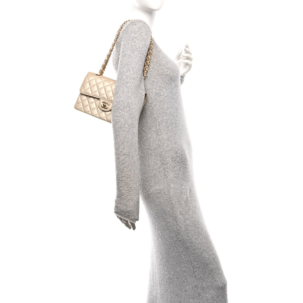 Chanel Metallic Caviar Quilted Small Double Flap Beige