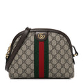 Gucci GG Supreme Monogram Textured Dollar Calfskin Web Small Ophidia Dome Shoulder Bag Beige Ebony New Acero