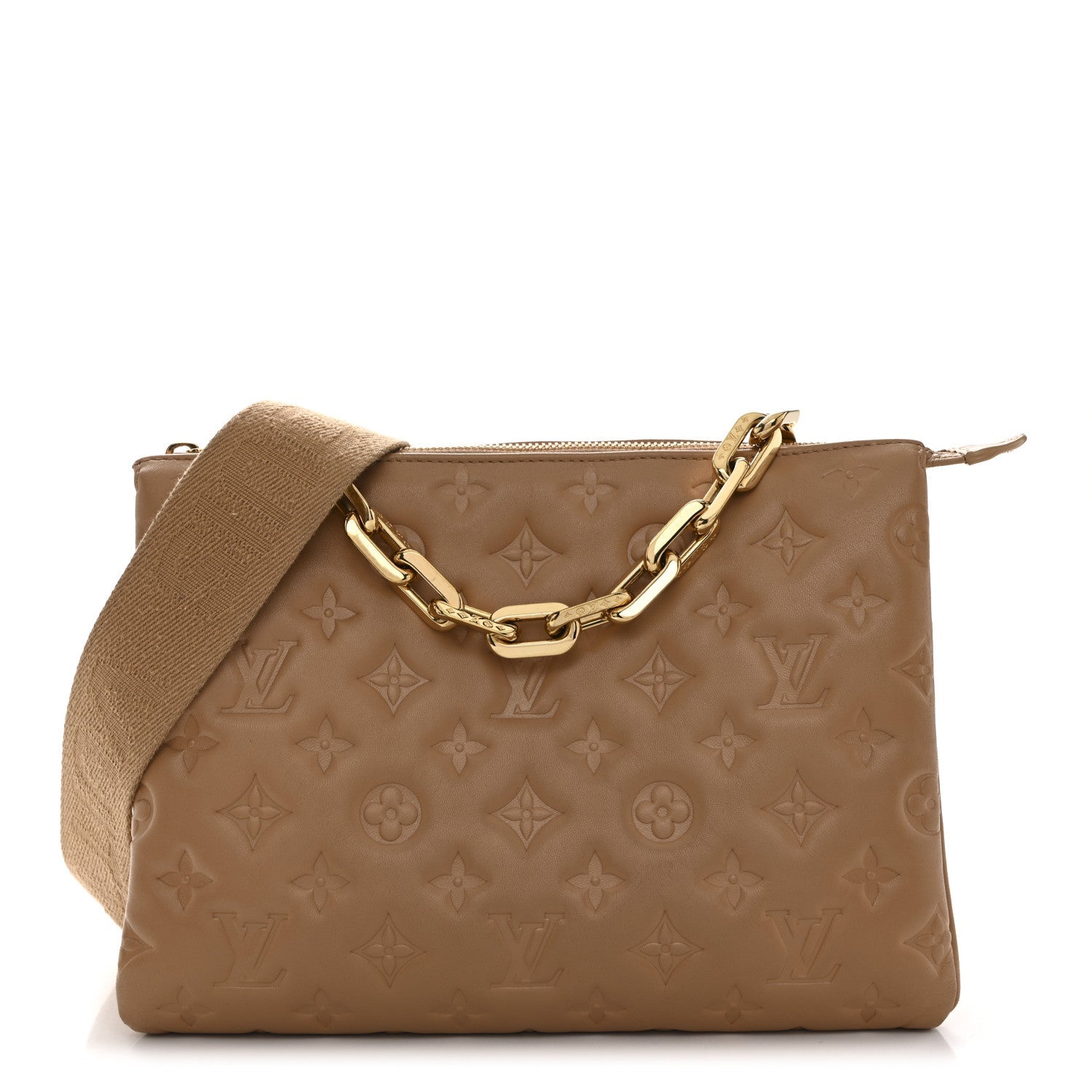 Louis Vuitton Lambskin Embossed Monogram Coussin PM Camel