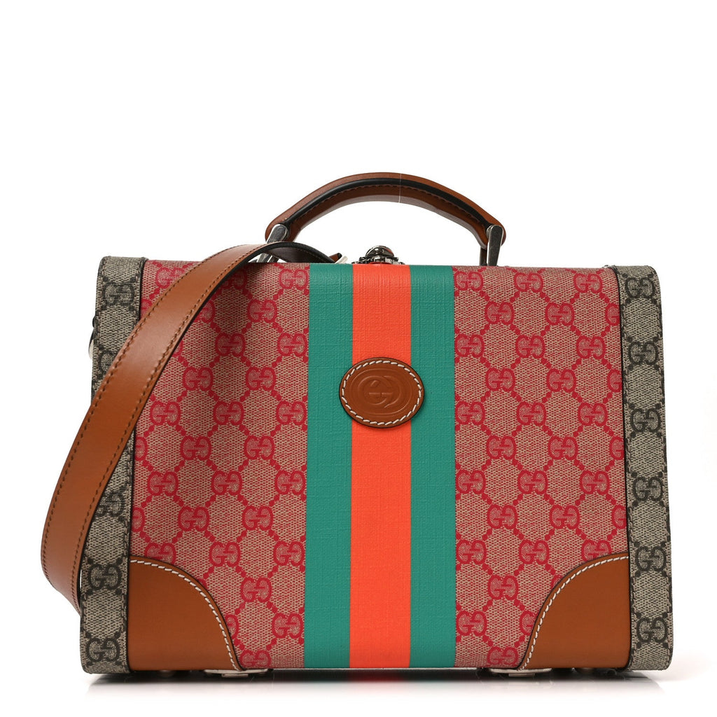Gucci X DANS LE VERT GG Supreme Monogram Cuoio Web Mini Retro Interlocking G Savoy Top Handle Beauty Case Beige Rosso Ebony Harness  Brown