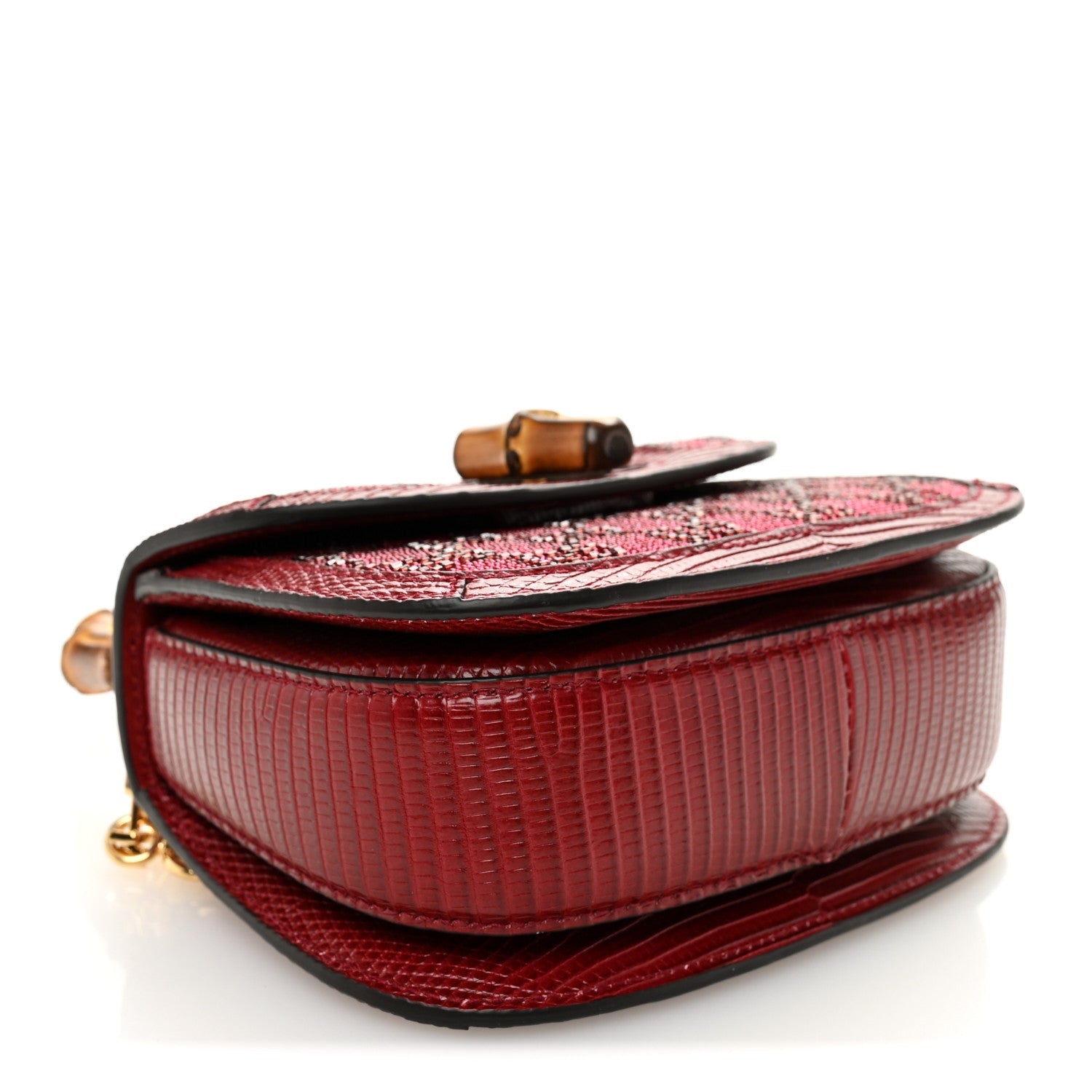 Gucci Moire Fabric Calfskin Rhinestone Monogram Monochrome Lizard Embossed Mini Bamboo 1947 Top Handle Chain Bag Red