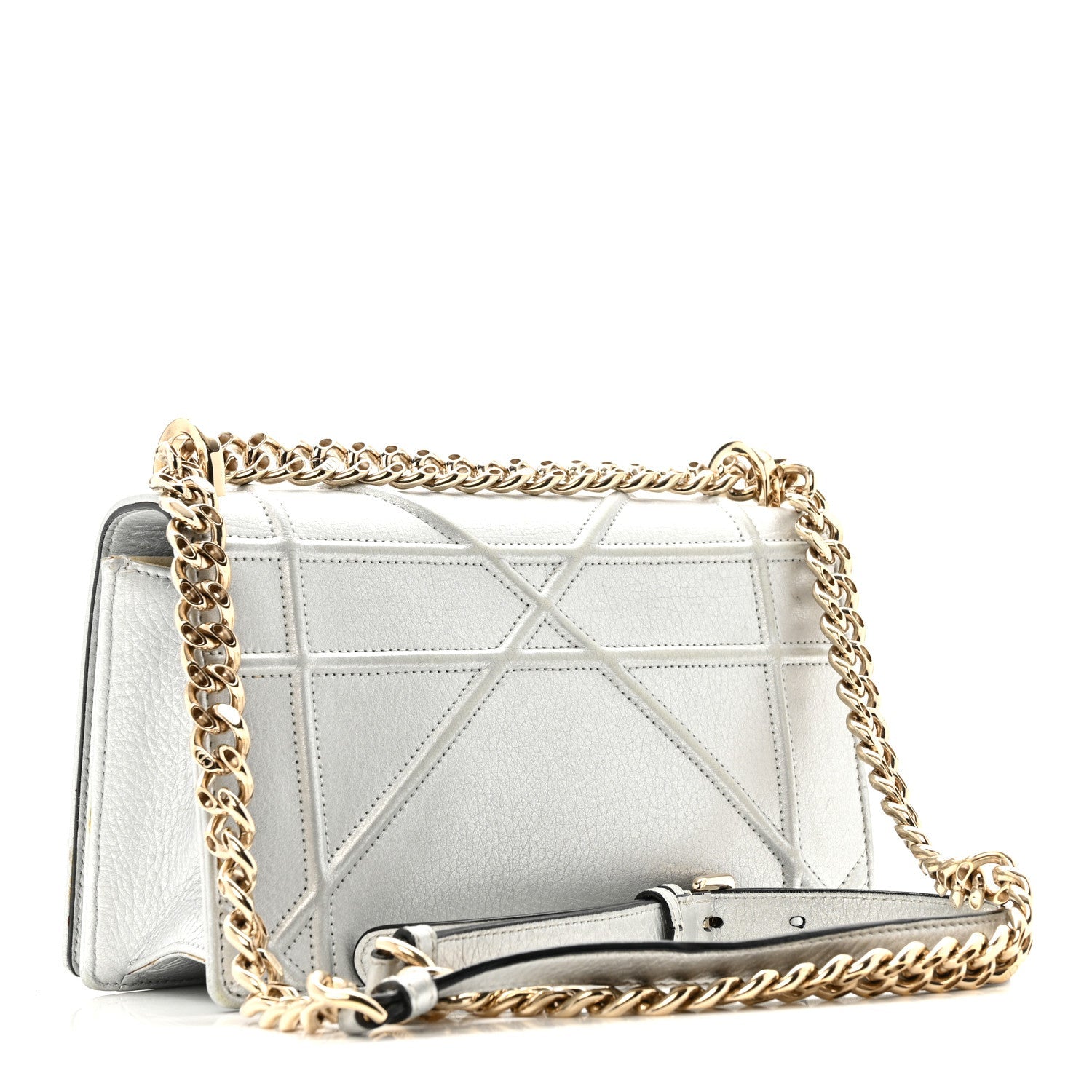 Christian Dior Metallic Grained Calfskin Diorama Wallet on Chain Pouch Silver