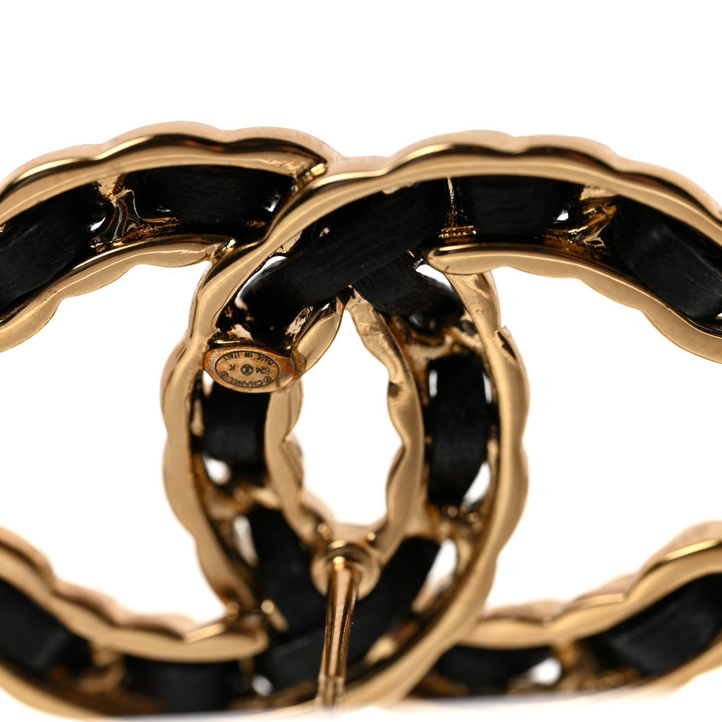 Lambskin CC Chain Earrings Black Gold
