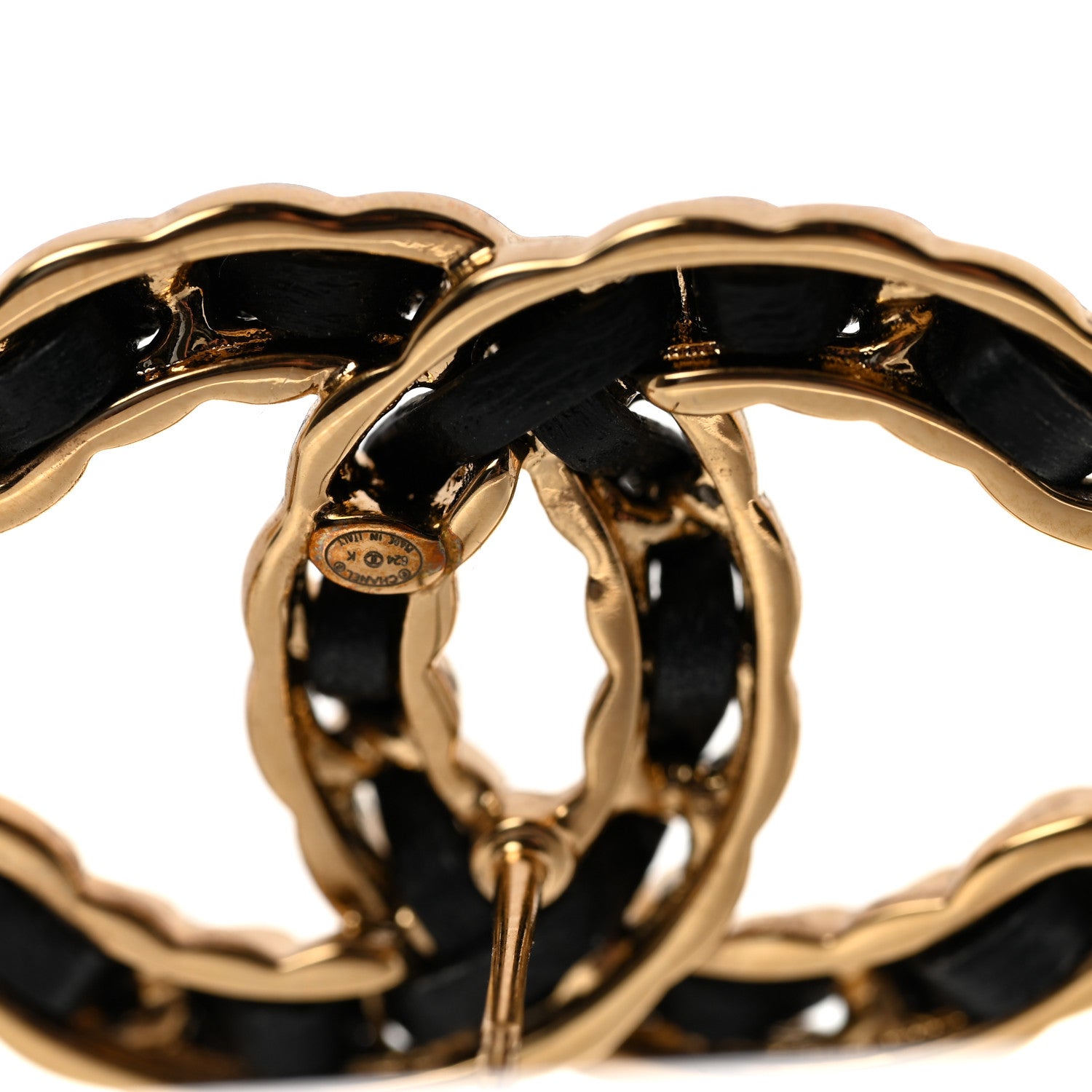 Lambskin CC Chain Earrings Black Gold