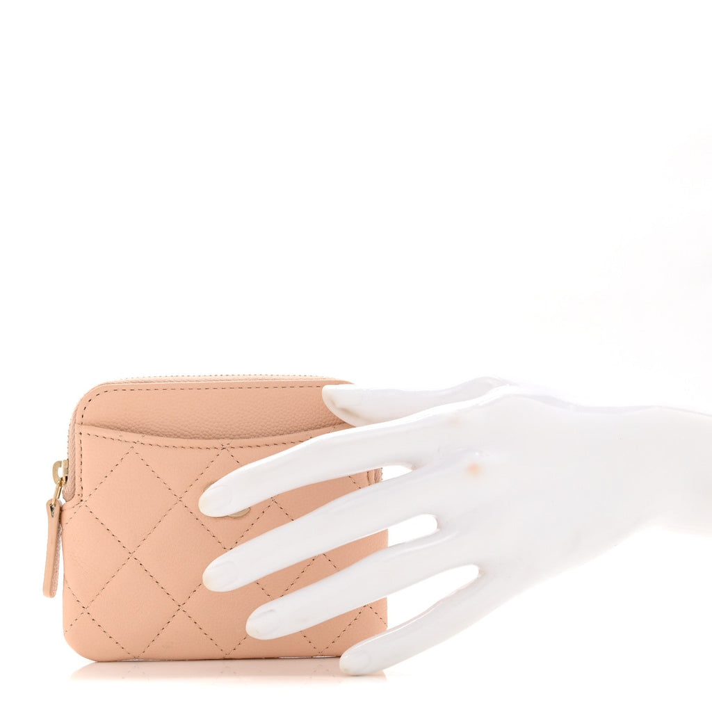 Caviar Quilted Zip Card Holder Wallet Light Beige