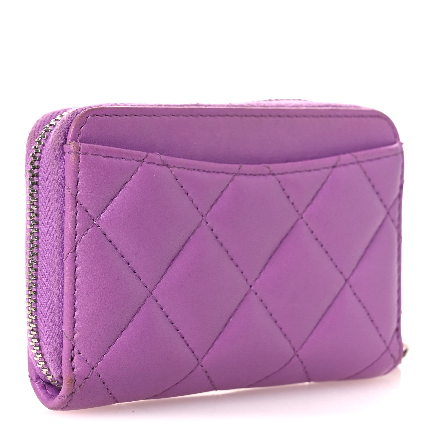 Lambskin Quilted Zip Around Coin Purse Wallet Purple