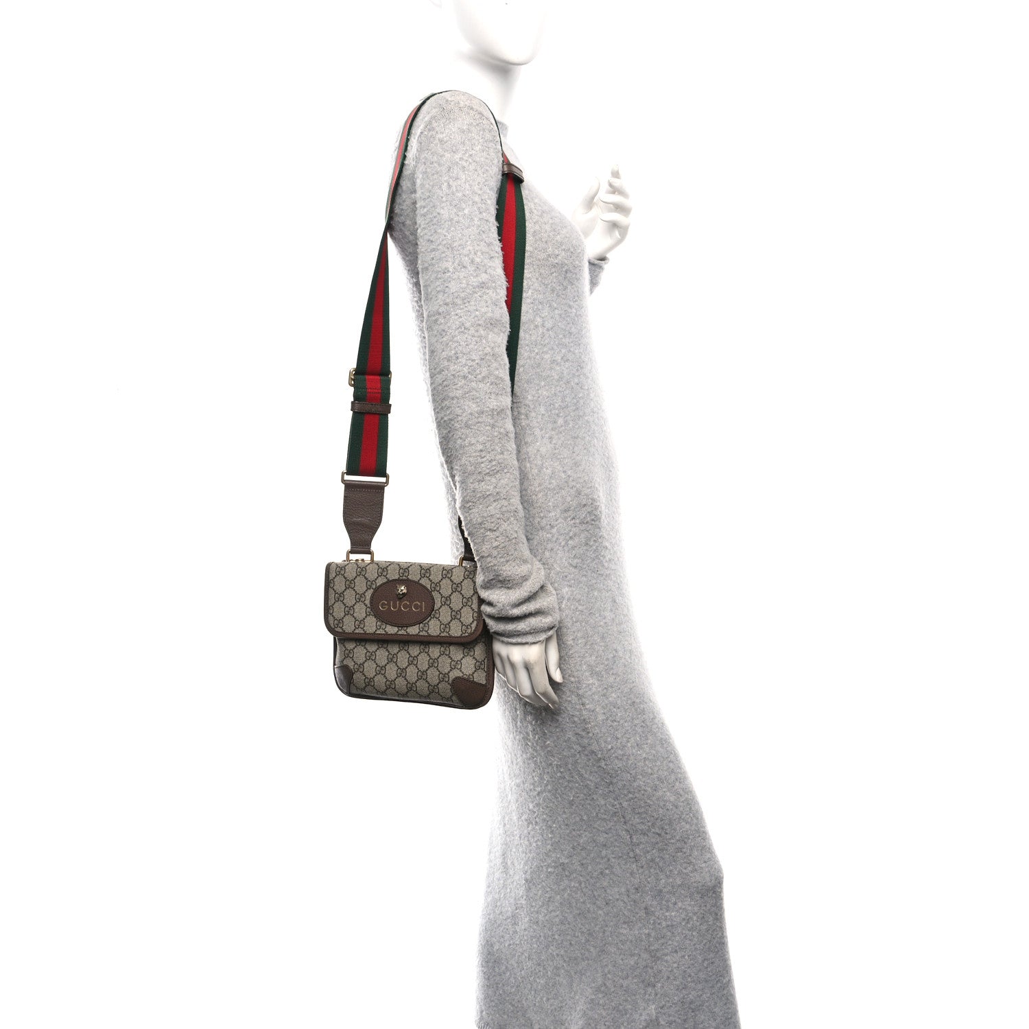 Gucci GG Supreme Monogram Web Small Neo Vintage Double Flap Messenger Bag Beige New Acero