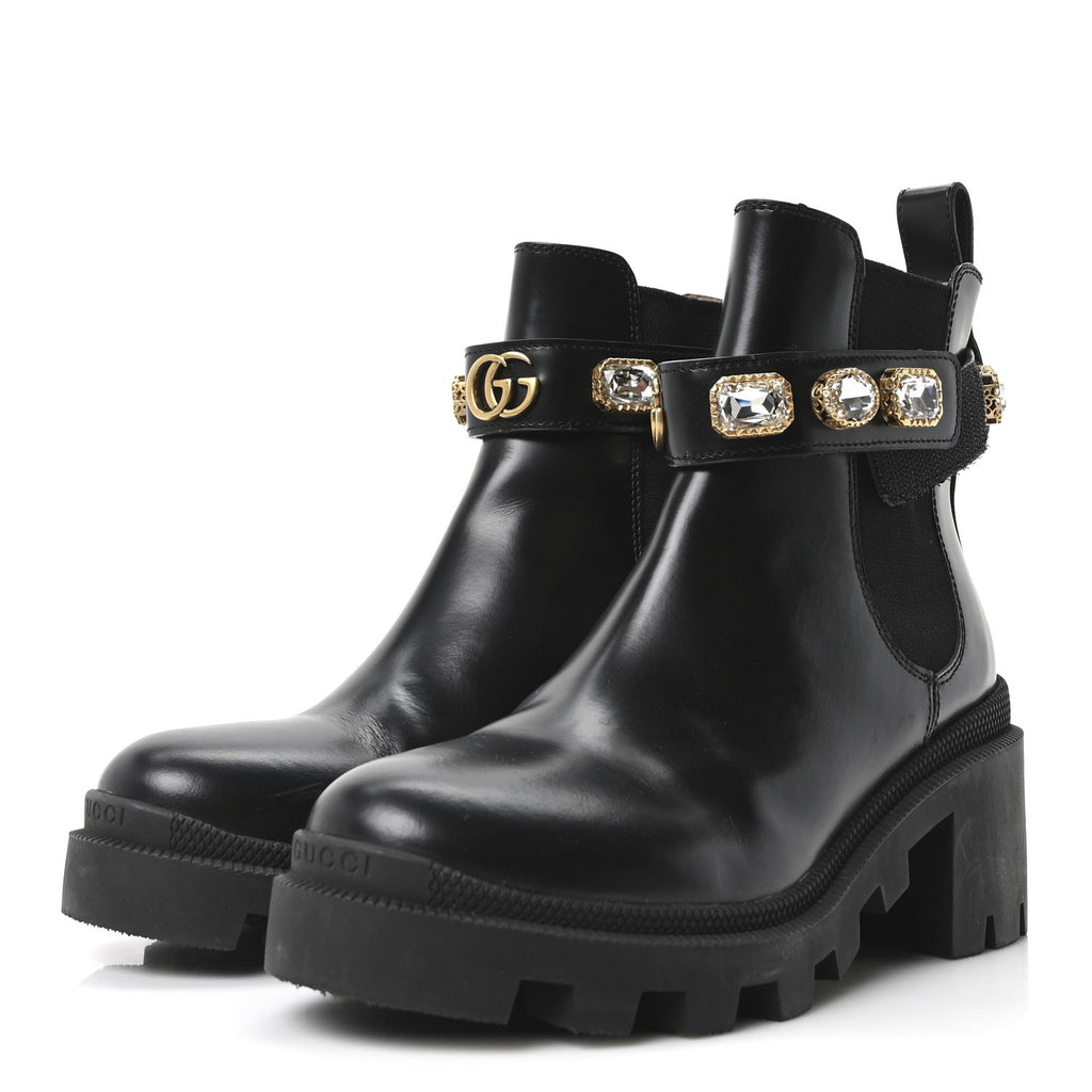 Gucci Calfskin Crystal GG Trip Chelsea Ankle Boots 35 Black