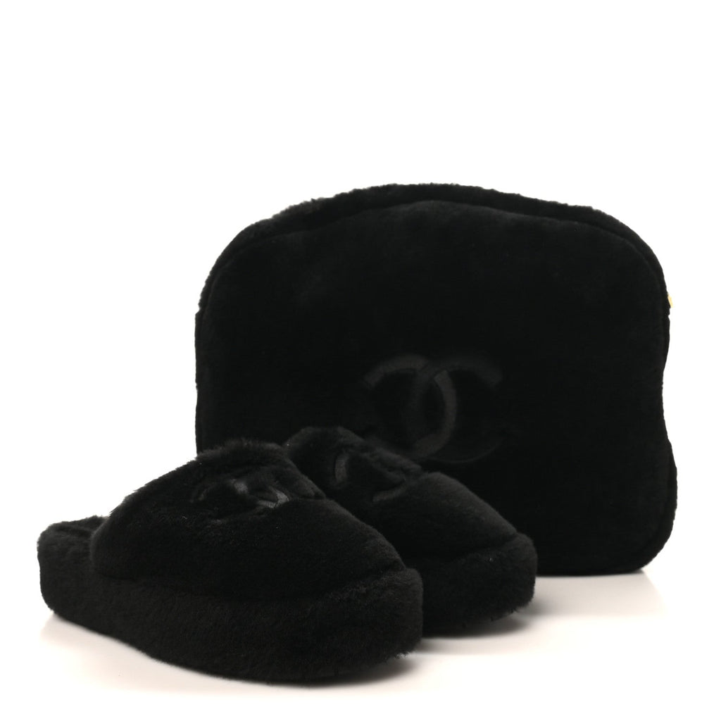 Chanel Shearling CC Flat Mules 36 Black