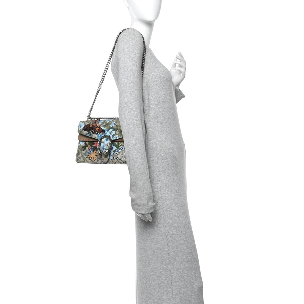 Gucci GG Supreme Monogram Blooms Print Embroidered Small Dionysus Shoulder Bag Blue Taupe