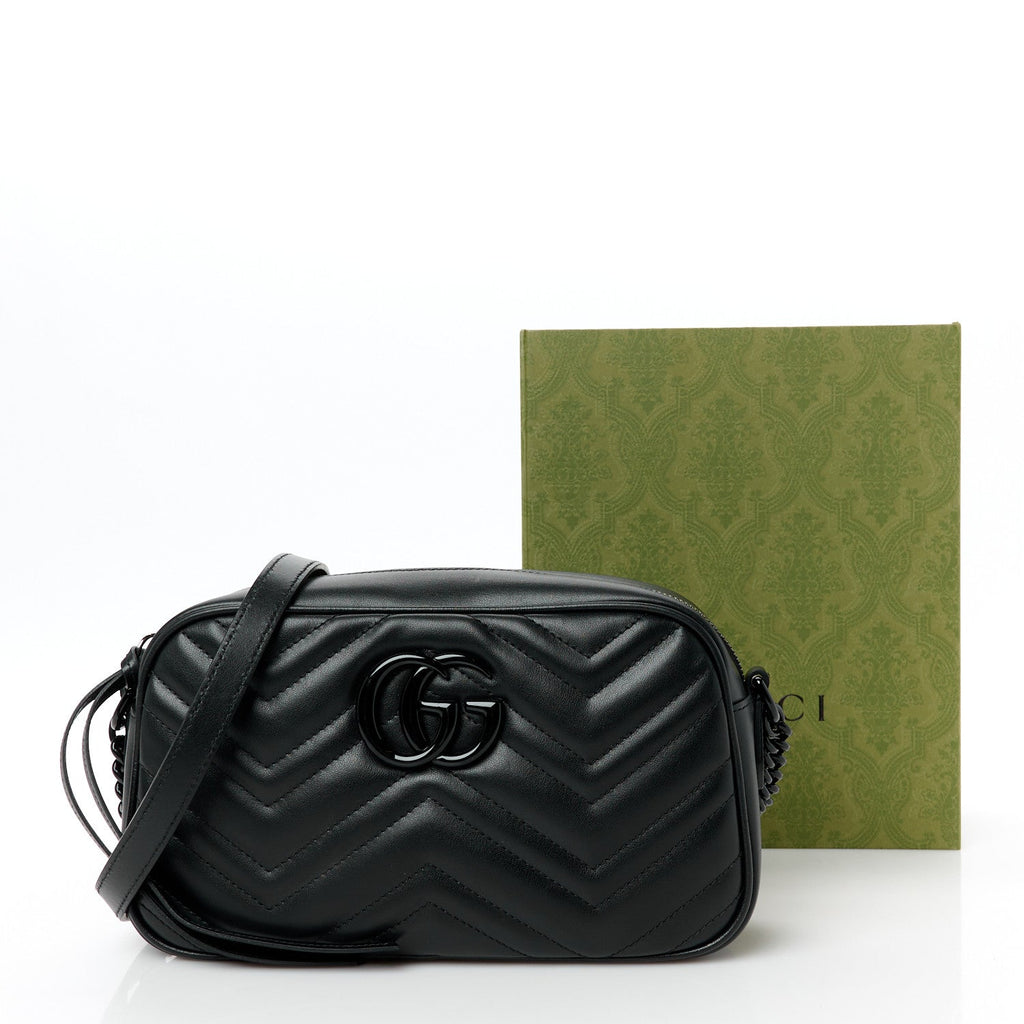 Gucci Calfskin Matelasse Monochrome Small GG Marmont Chain Shoulder Bag Black