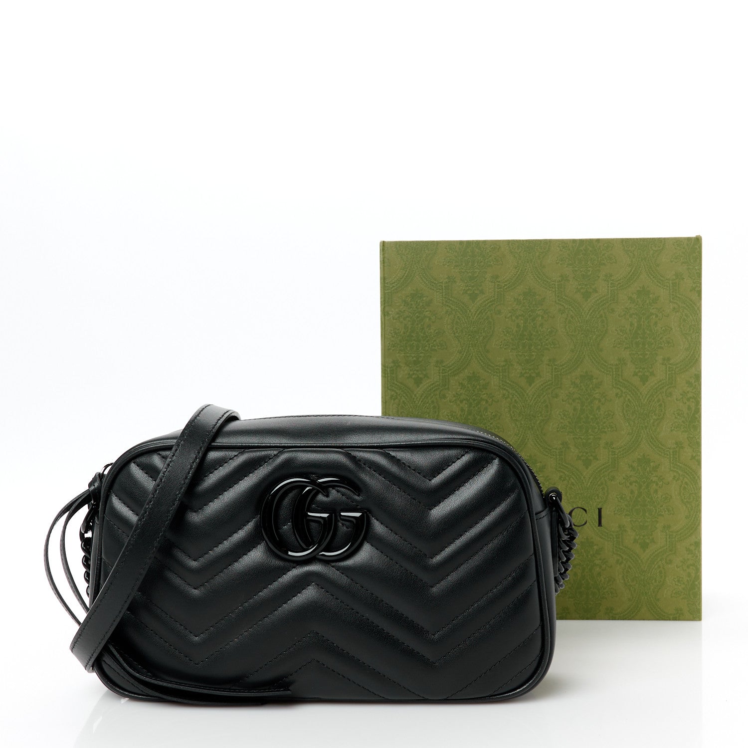 Gucci Calfskin Matelasse Monochrome Small GG Marmont Chain Shoulder Bag Black