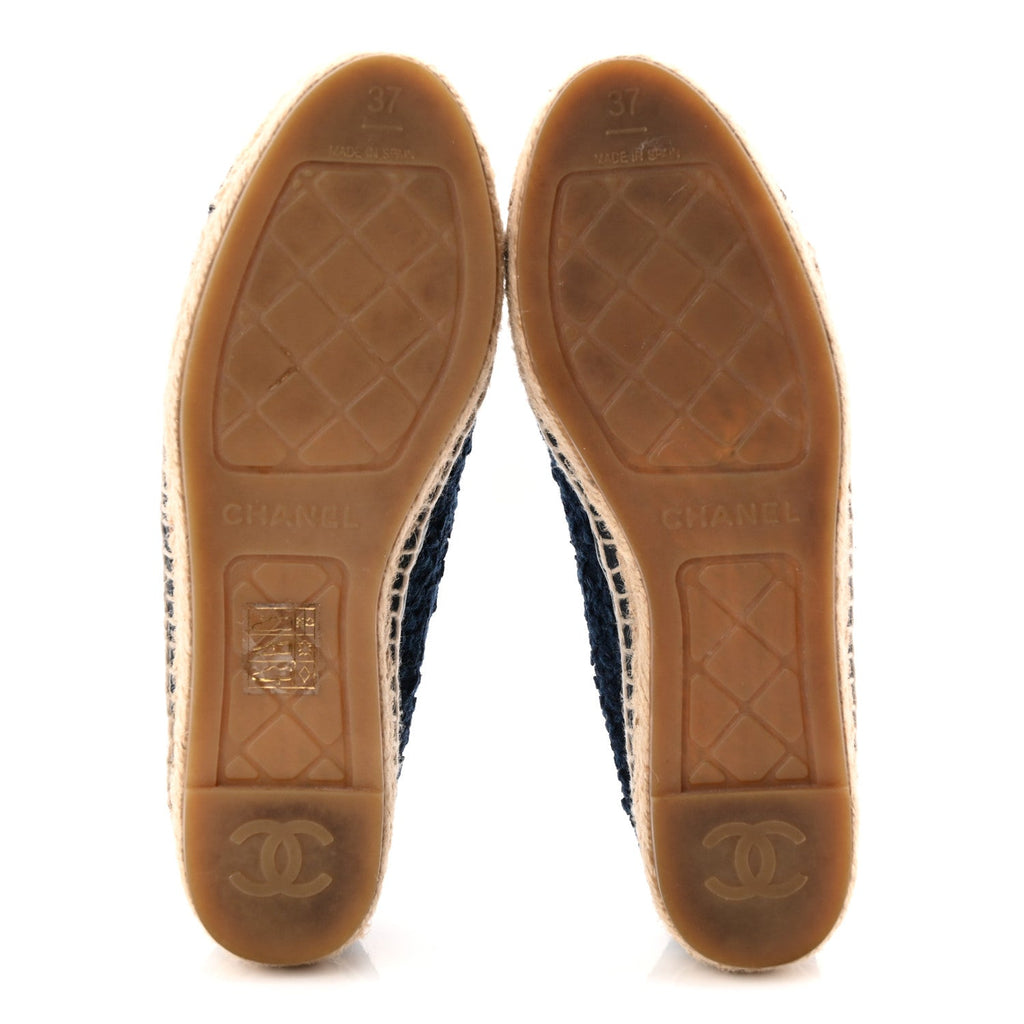 Chanel Tweed Grosgrain CC Espadrilles 37 Navy Black