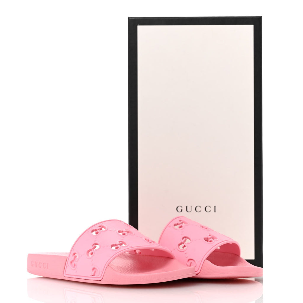 Gucci Rubber GG Monogram Perforated Womens Slide Sandals 36 Rose Box