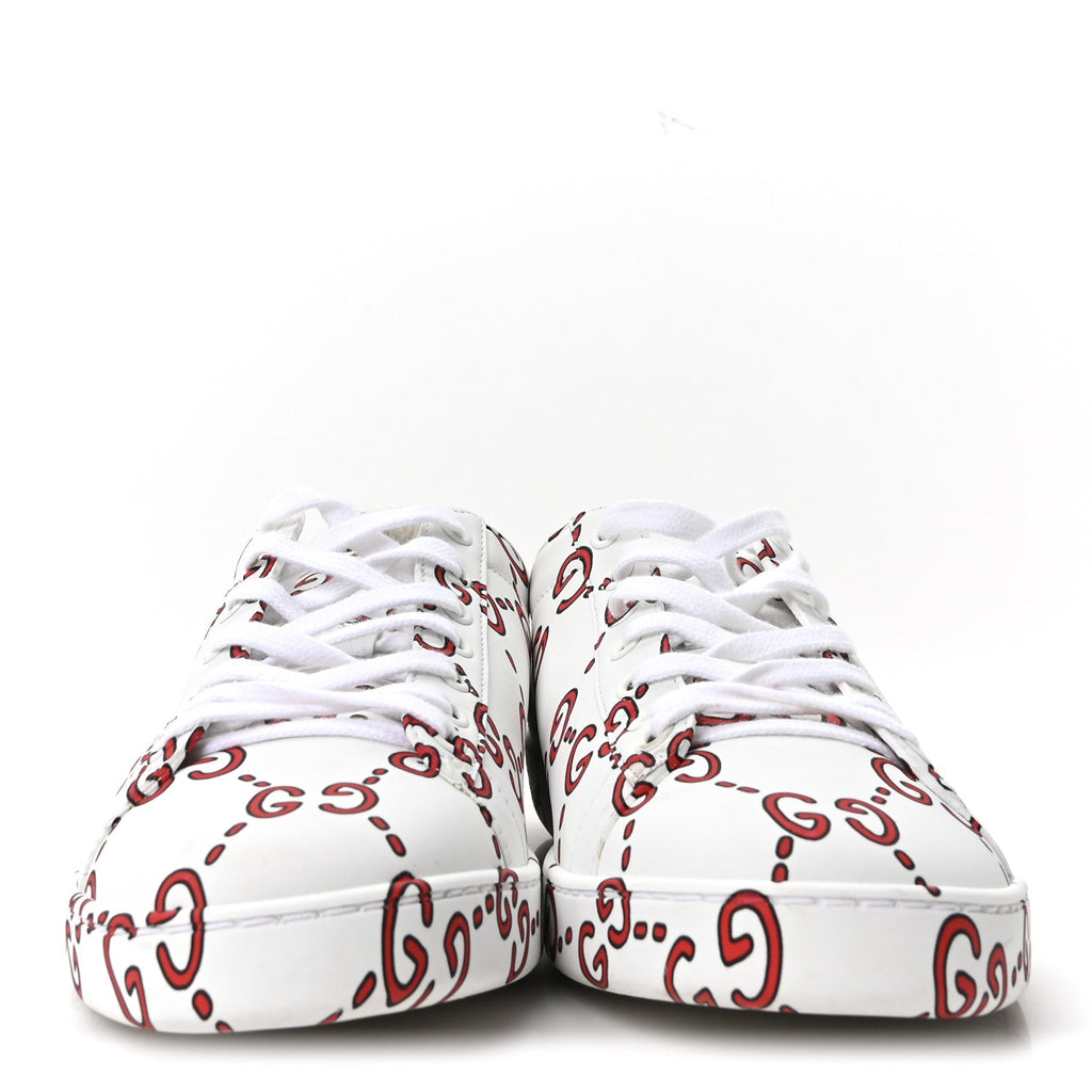 Gucci Calfskin GucciGhost Print Womens Ace Sneakers 40.5 White Hibiscus Red