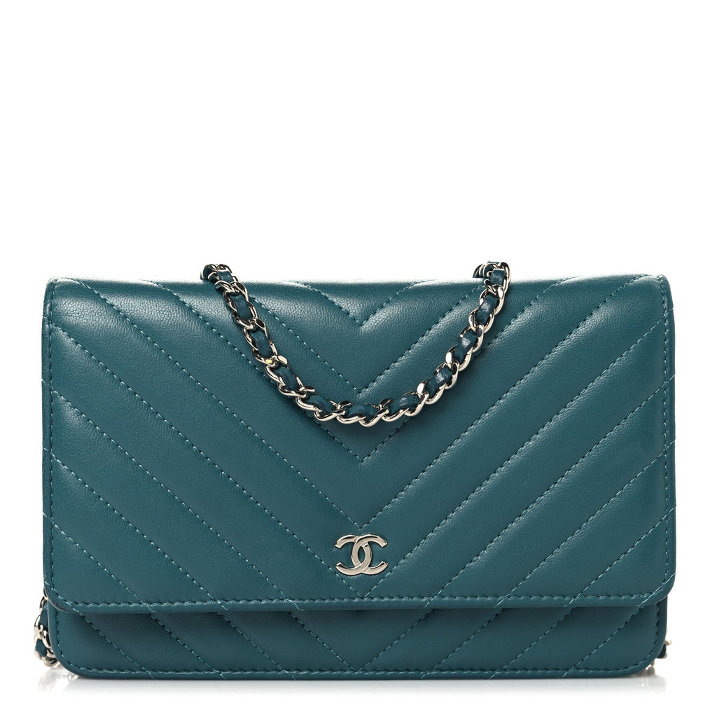 Chanel Lambskin Chevron Quilted Wallet On Chain WOC Turquoise