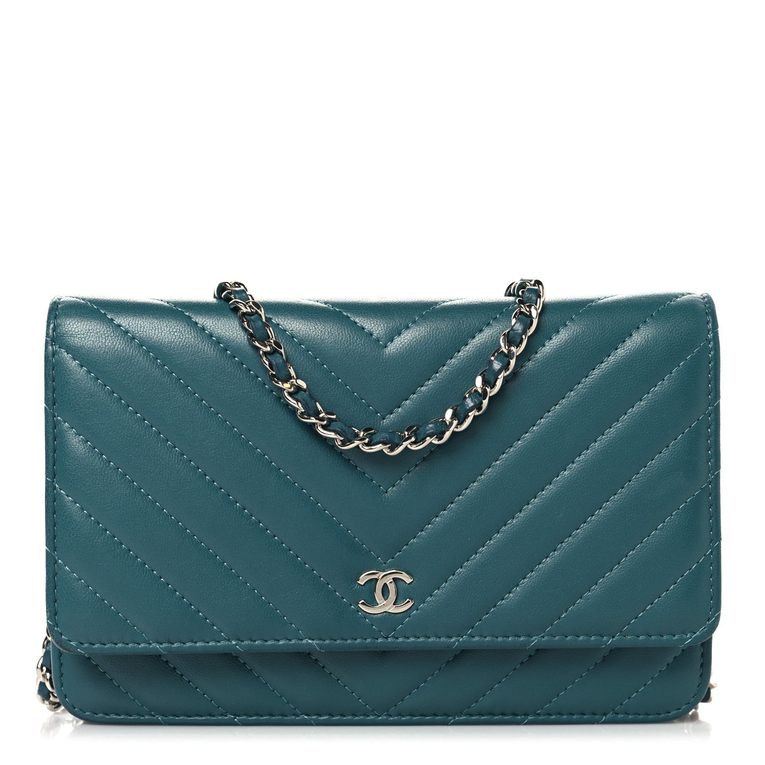 Chanel Lambskin Chevron Quilted Wallet On Chain WOC Turquoise