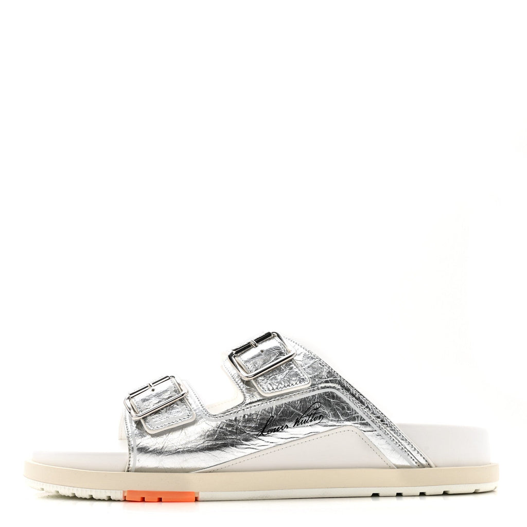 Louis Vuitton Metallic Mix Materials Mens LV Script Trainer Mules 11 Silver Multicolor