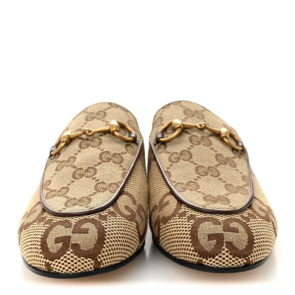 Gucci Monogram Jumbo GG Malaga Kid Womens Princetown Slippers 35 Camel Ebony New Acero Beige