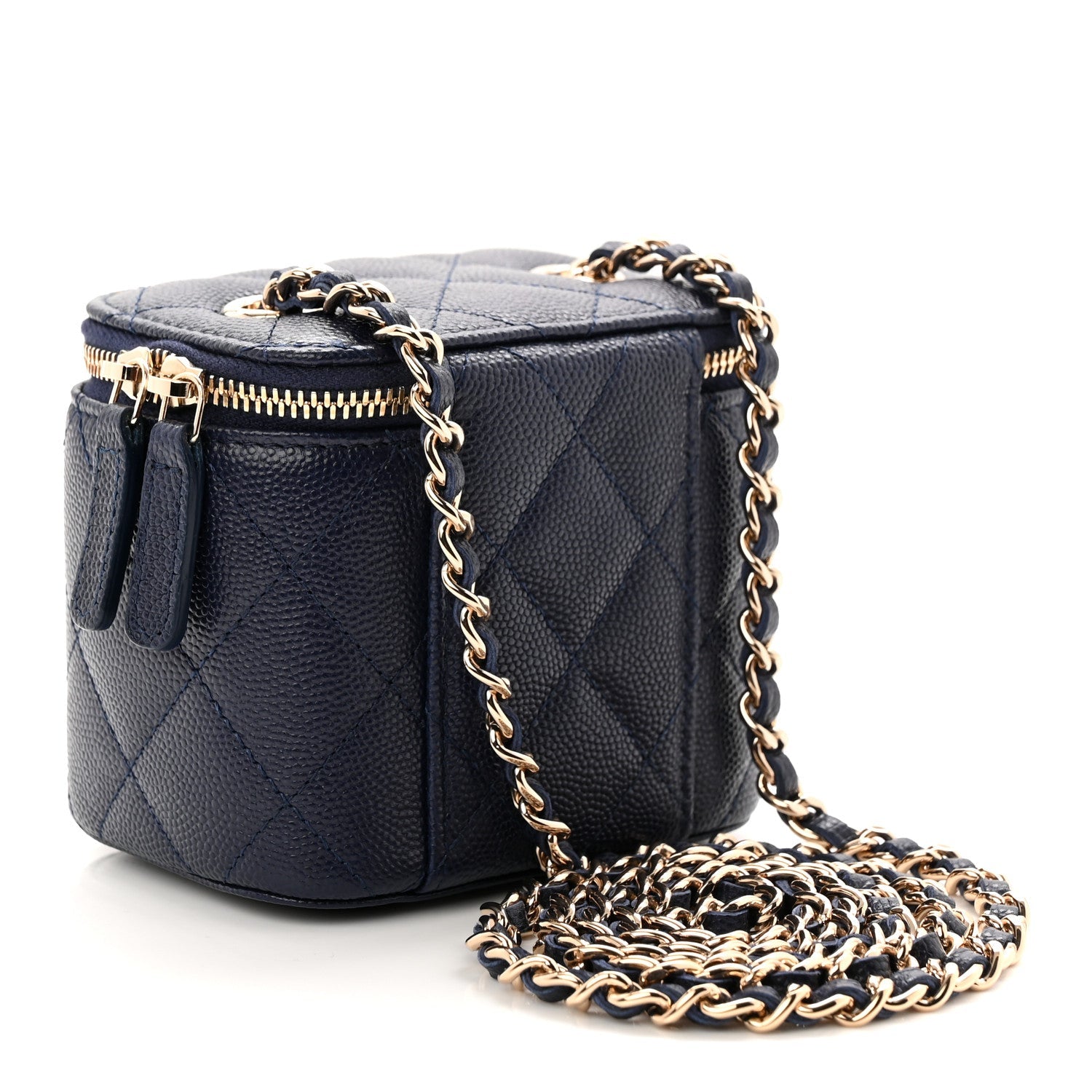 Chanel Caviar Quilted Mini Vanity Case With Chain Navy Blue
