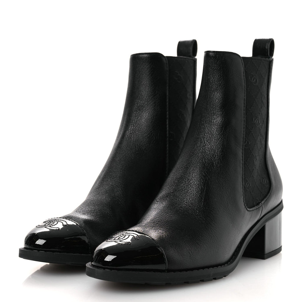 Chanel Shiny Grained Calfskin Patent Cap Toe Interlocking CC Short Boots 37.5 Black