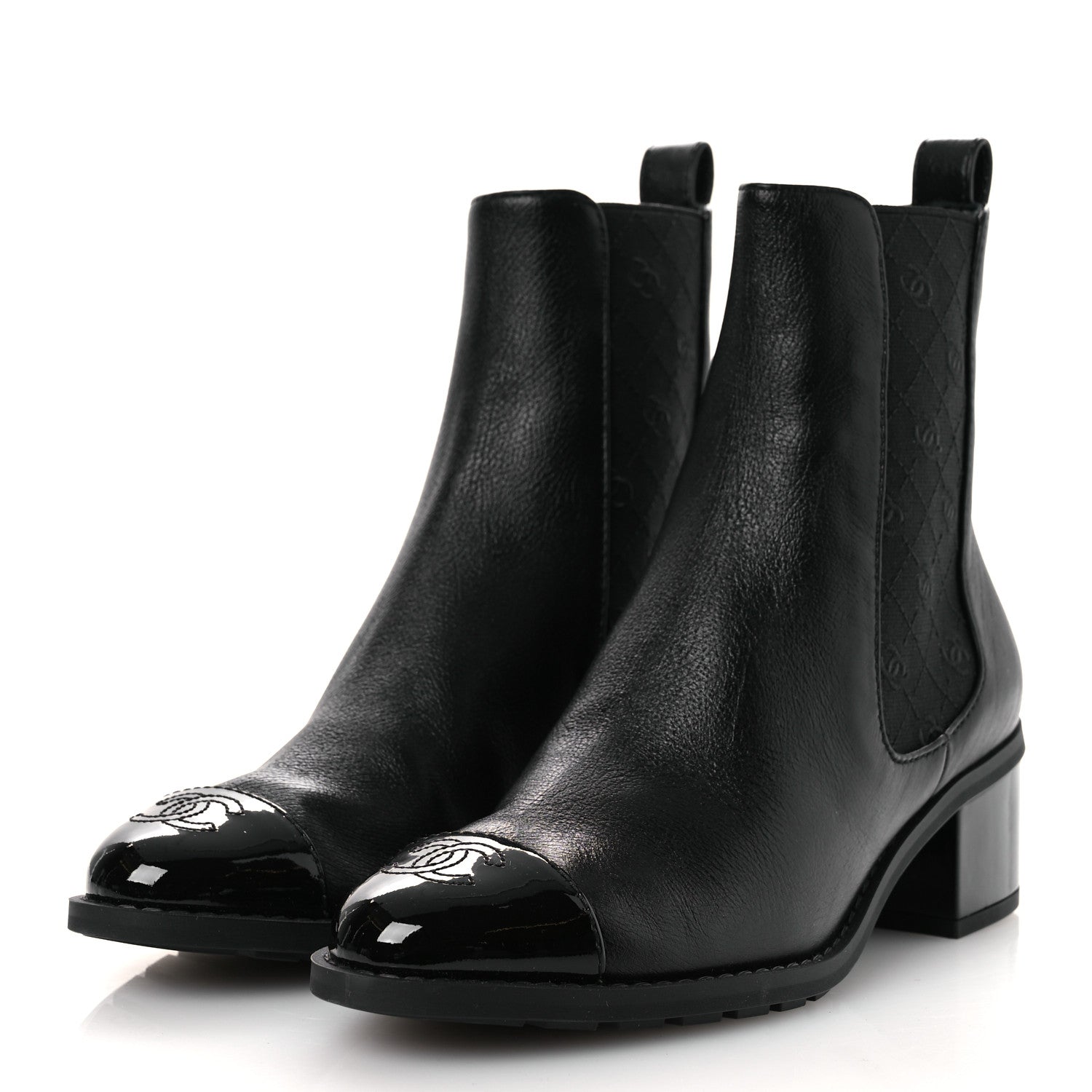 Chanel Shiny Grained Calfskin Patent Cap Toe Interlocking CC Short Boots 37.5 Black