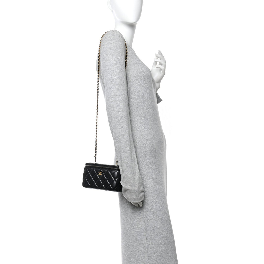 Chanel Lambskin Quilted Pearl Crush Small Vanity Case With Chain Black