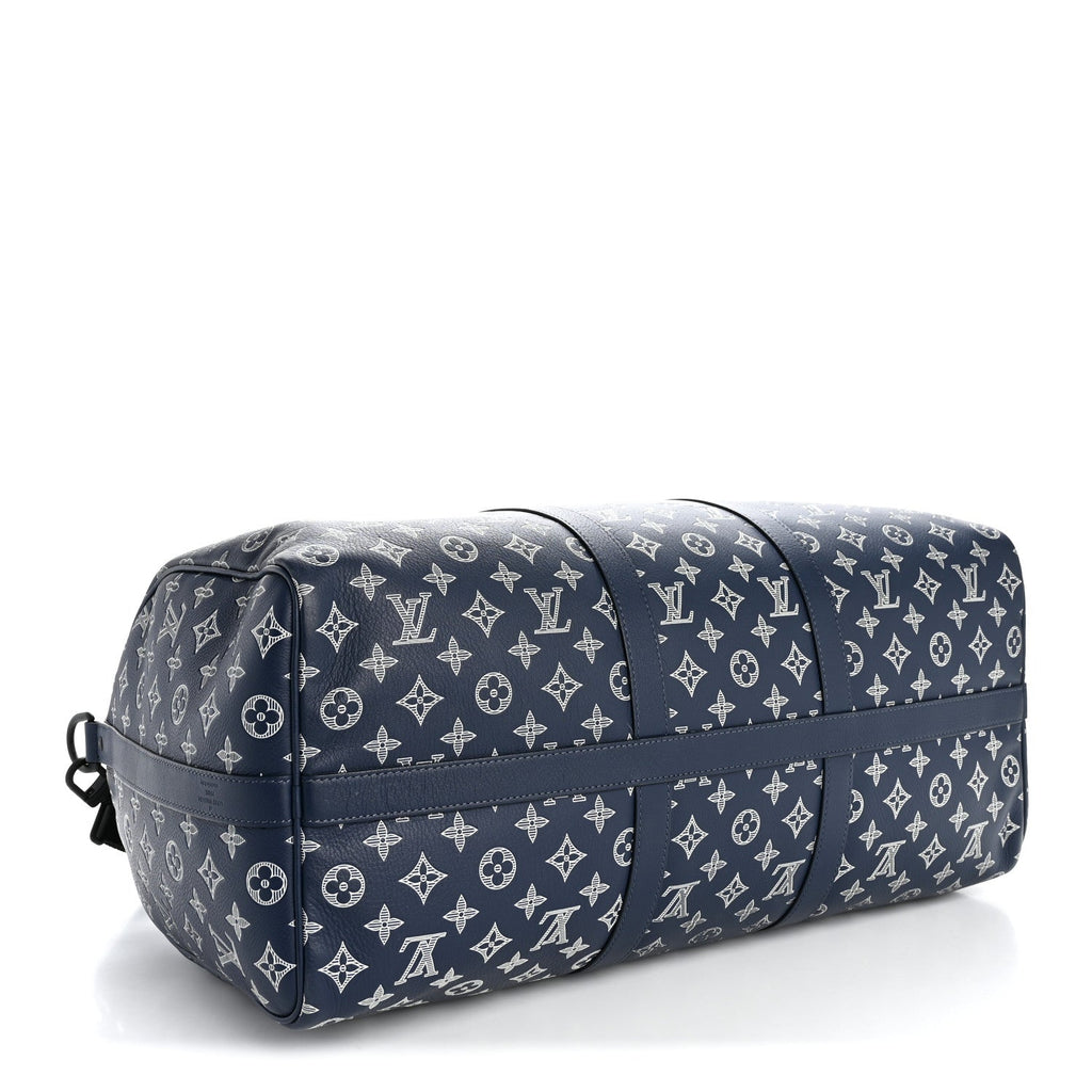 Louis Vuitton Calfskin Shadow Monogram Keepall Bandouliere 50 Ink Blue White