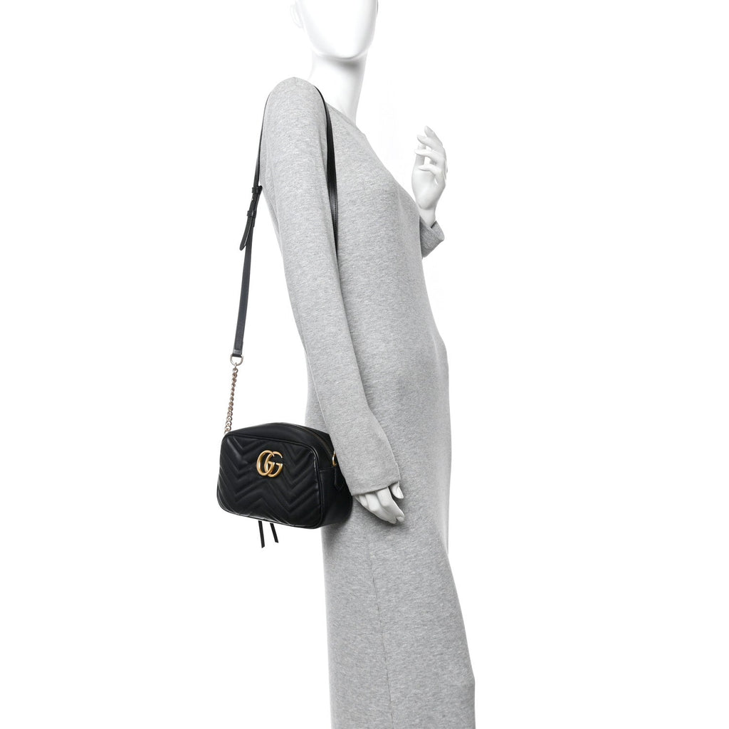Gucci Calfskin Matelasse Small GG Marmont Chain Shoulder Bag Black