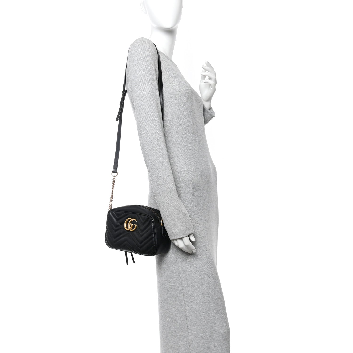 Gucci Calfskin Matelasse Small GG Marmont Chain Shoulder Bag Black