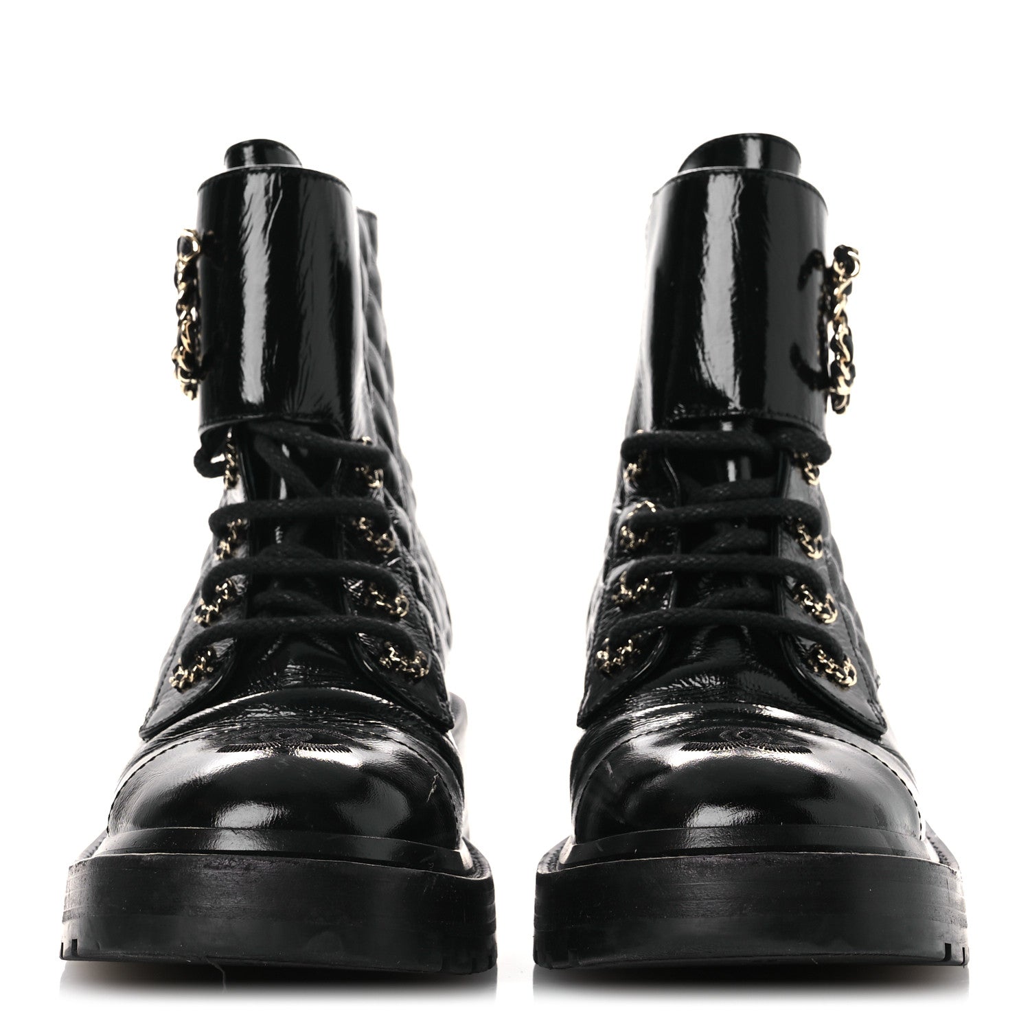 Chanel Shiny Calfskin Quilted Lace Up Combat Boots 37 Black