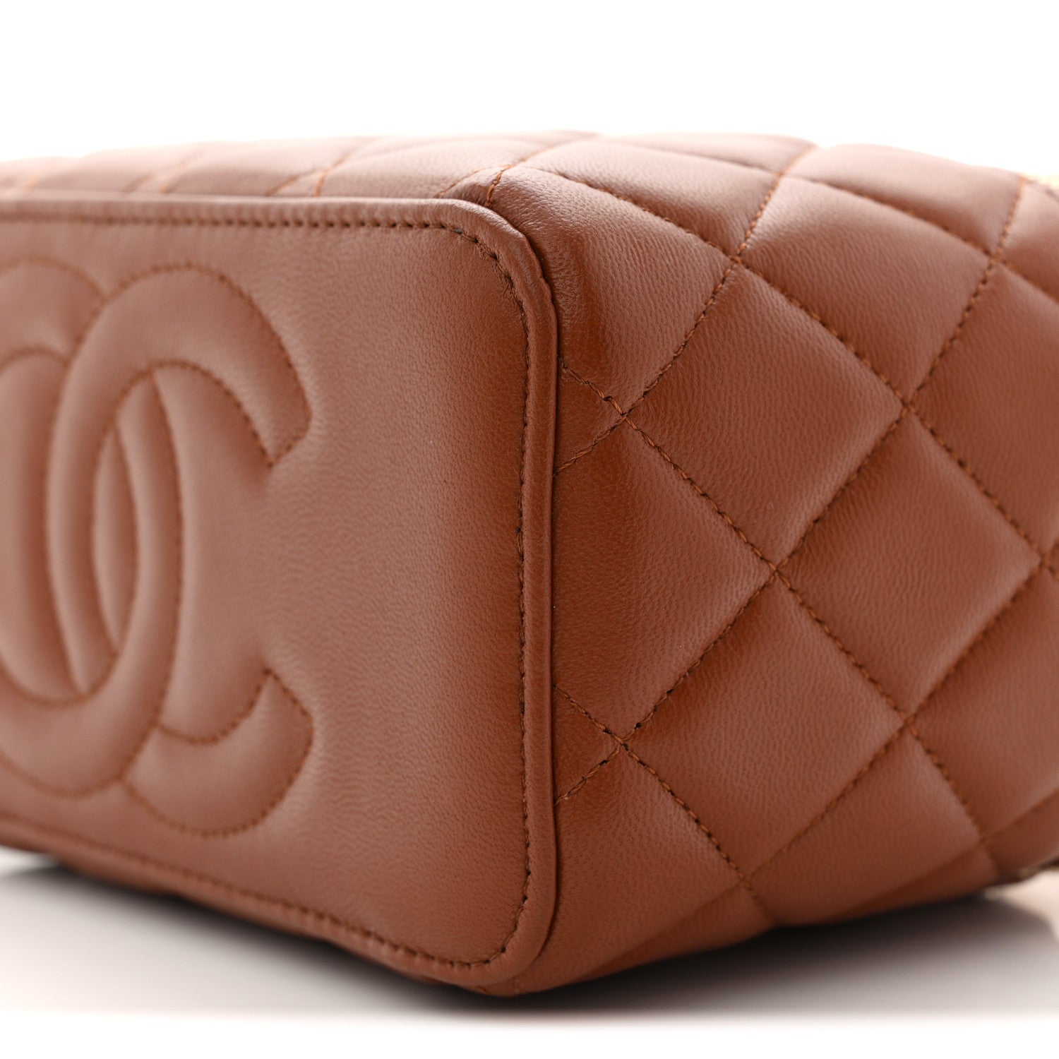 Chanel Lambskin Quilted Small Top Handle Vanity Case With Chain Light Brown Yellow