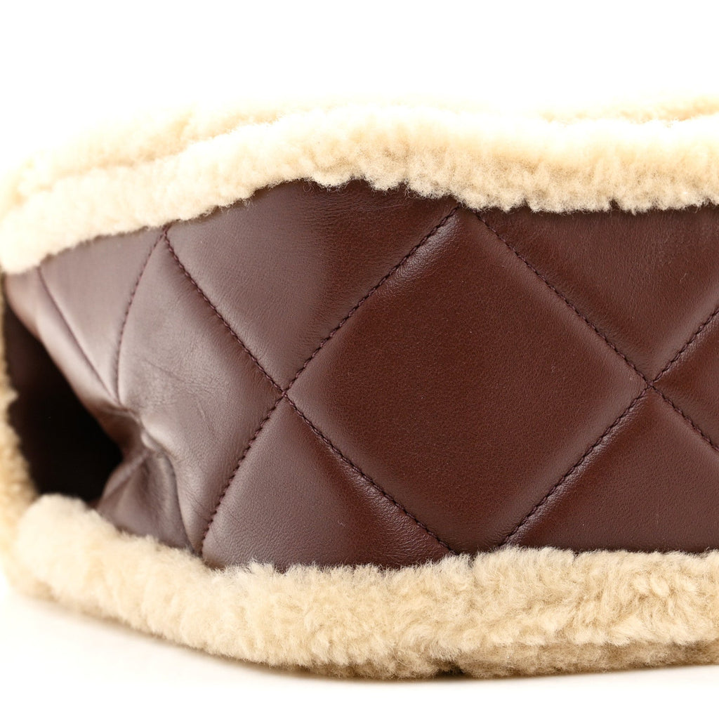 Chanel Shearling Lambskin Quilted Large Furry Coco Flap Dark Brown Beige
