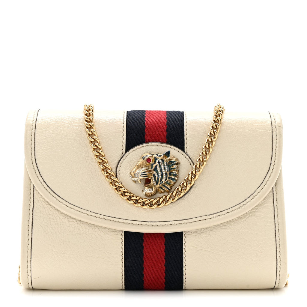 Gucci Textured Calfskin Web Mini Rajah Slim Flap Shoulder Bag Mystic White
