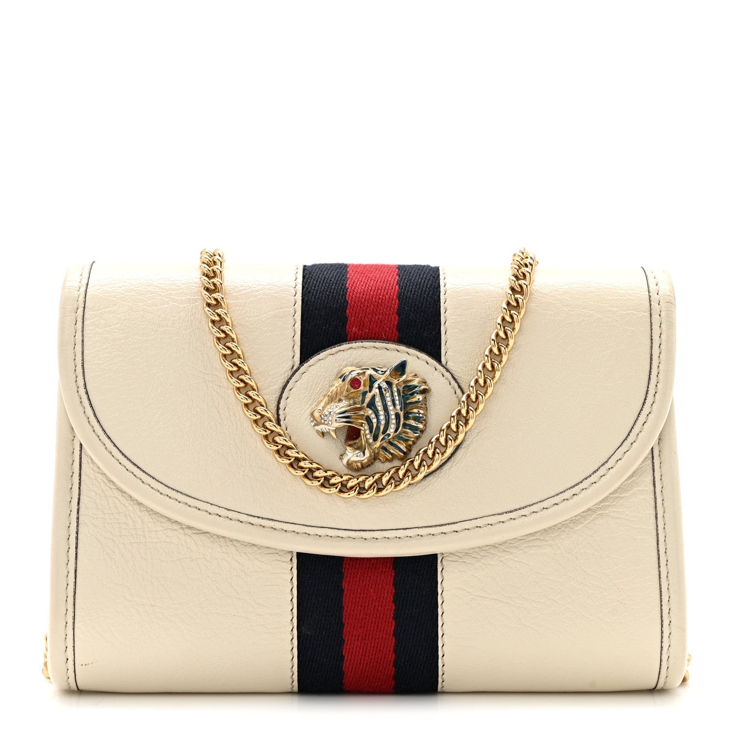 Gucci Textured Calfskin Web Mini Rajah Slim Flap Shoulder Bag Mystic White