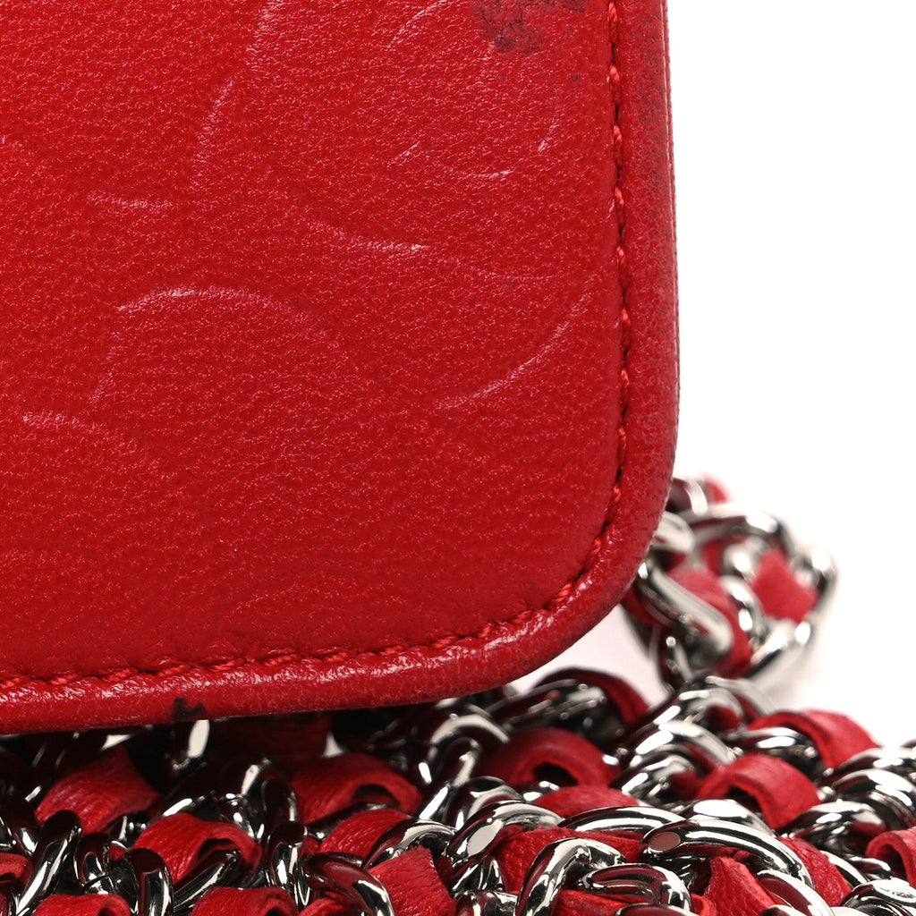 Chanel Lambskin Camellia Embossed Wallet on Chain WOC Red