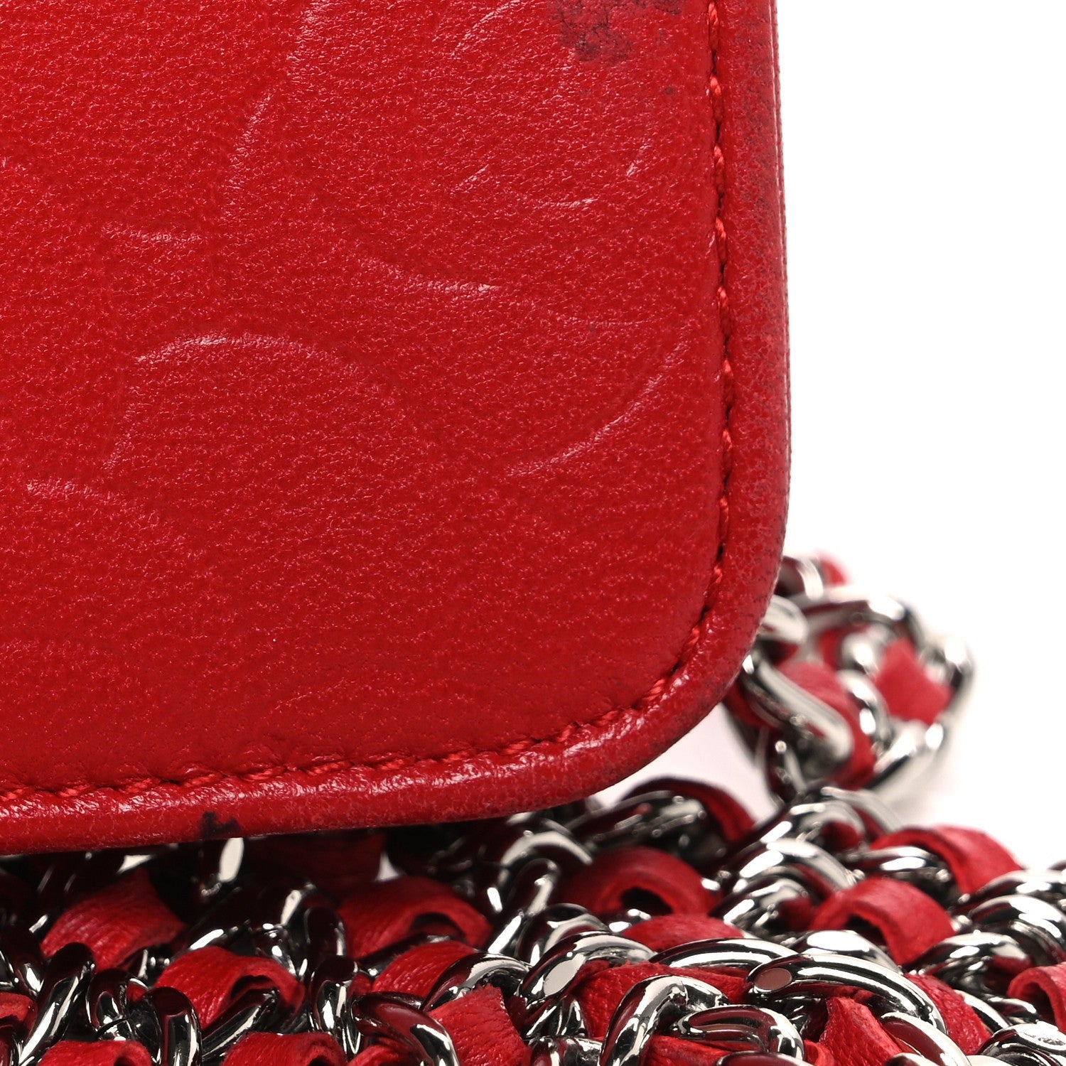 Chanel Lambskin Camellia Embossed Wallet on Chain WOC Red