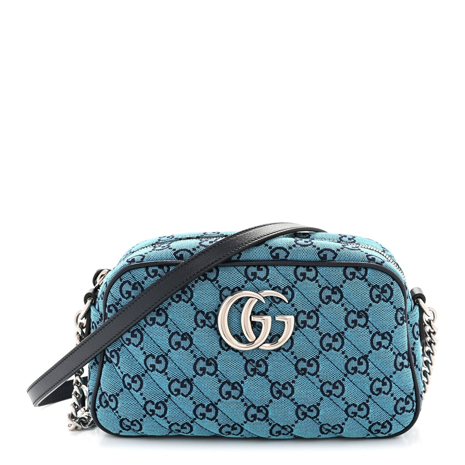 Gucci Monogram Multicolor Matelasse Diagonal Small GG Marmont Chain Shoulder Bag Light Blue