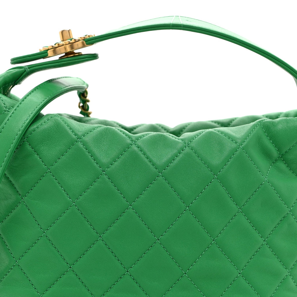 Chanel Lambskin Quilted Large Perfect Meeting Hobo Green