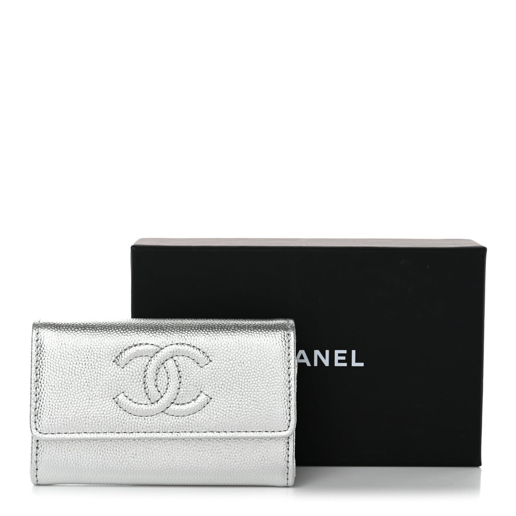Metallic Caviar Timeless CC Flap Card Holder Silver