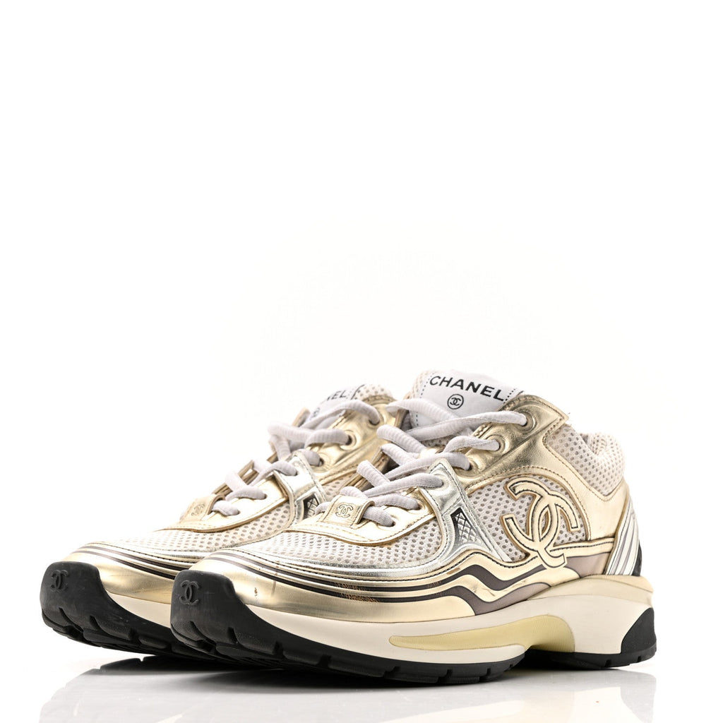 Fabric Laminated Calfskin Stretch CC Sneakers 36.5 White Gold Silver
