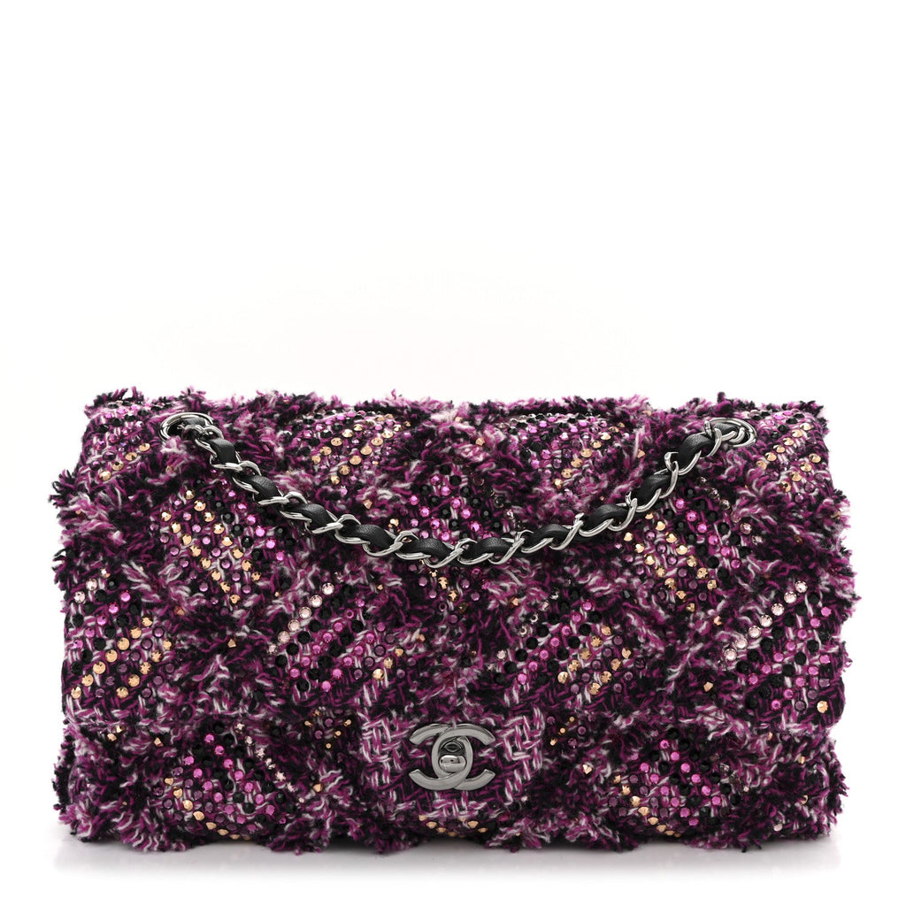 Chanel Crystal Tweed Quilted Medium Double Flap Purple Multicolor