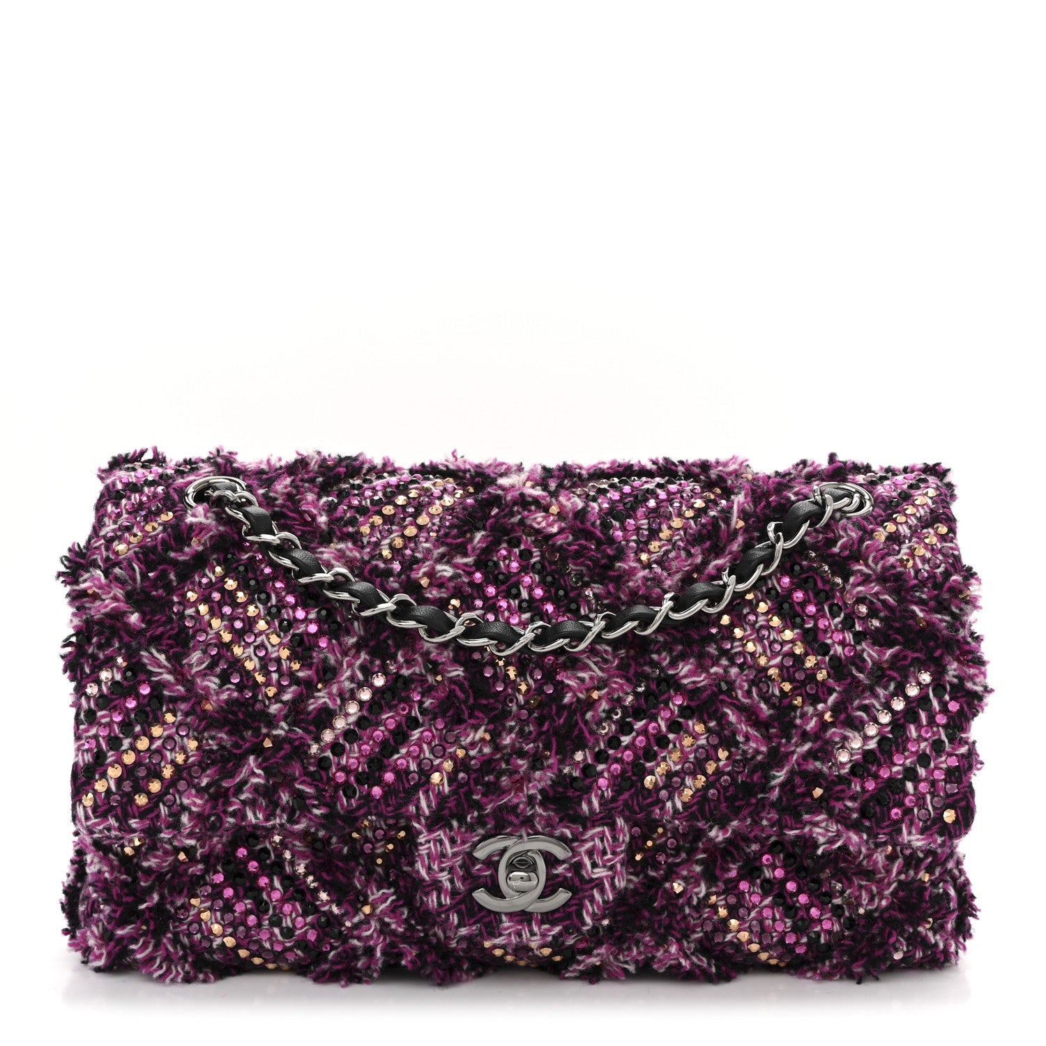 Chanel Crystal Tweed Quilted Medium Double Flap Purple Multicolor