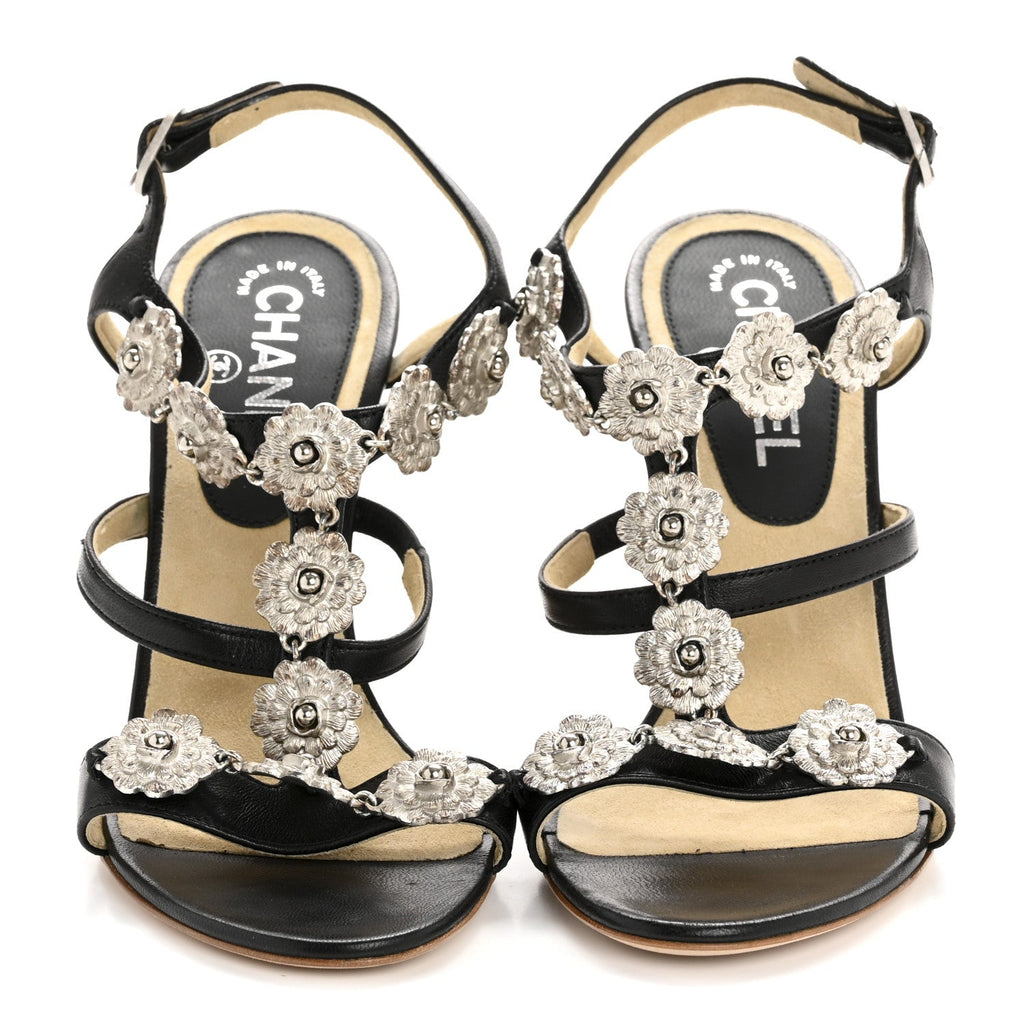 Lambskin Cork Camellia Wedge Sandals 37.5 Black