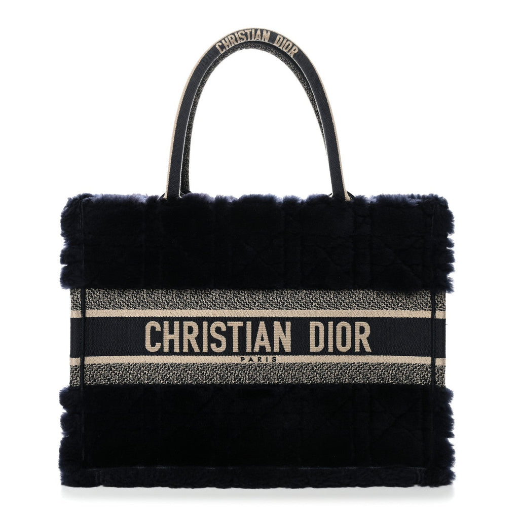 Christian Dior Shearling Cannage Medium Book Tote Deep Blue Natural