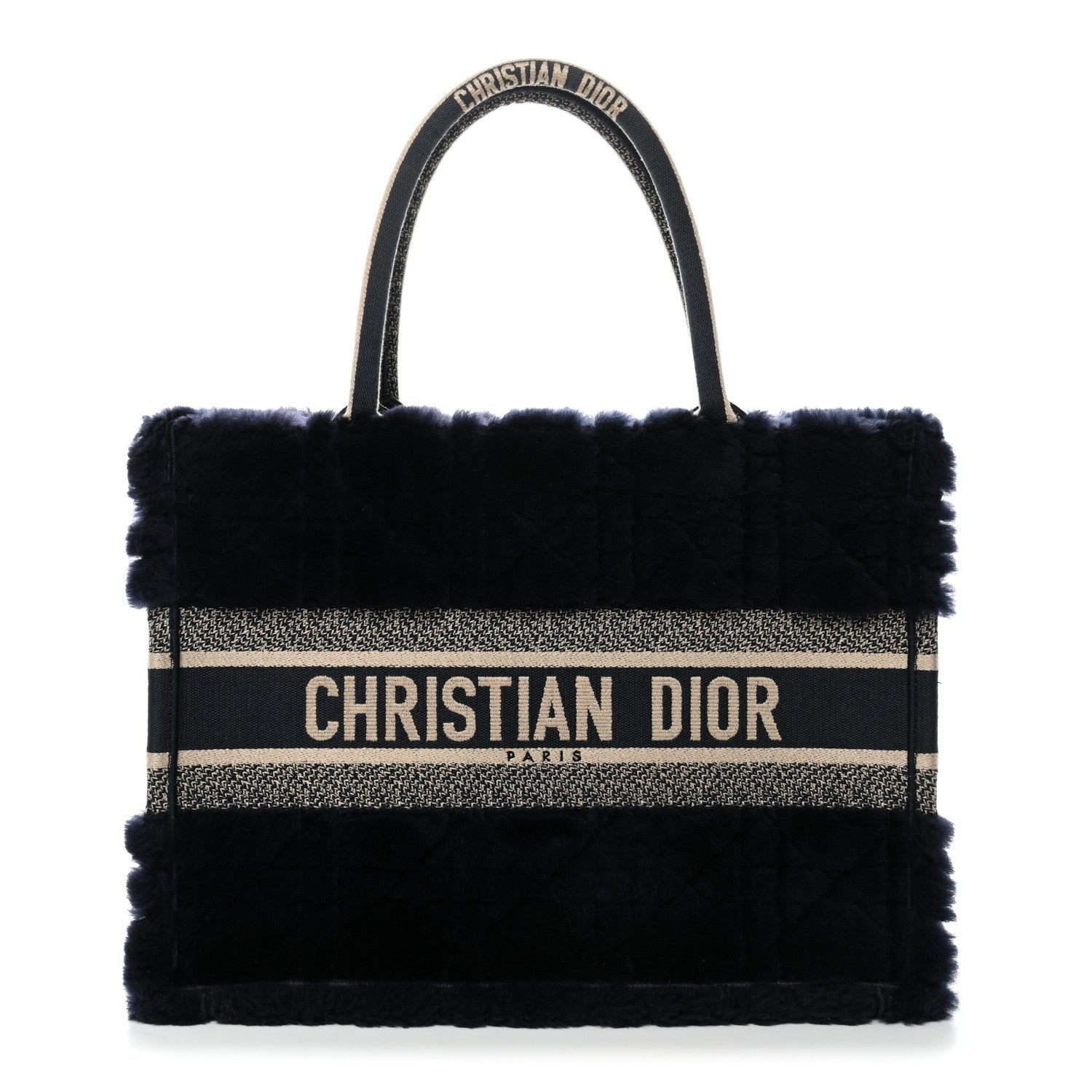 Christian Dior Shearling Cannage Medium Book Tote Deep Blue Natural