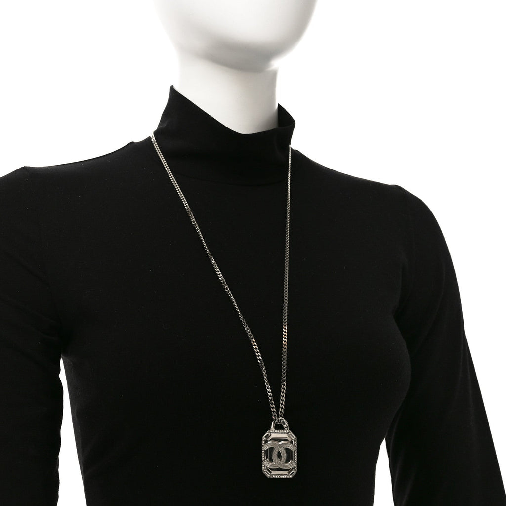 Crystal Baguette CC Mirror Pendant Necklace Silver
