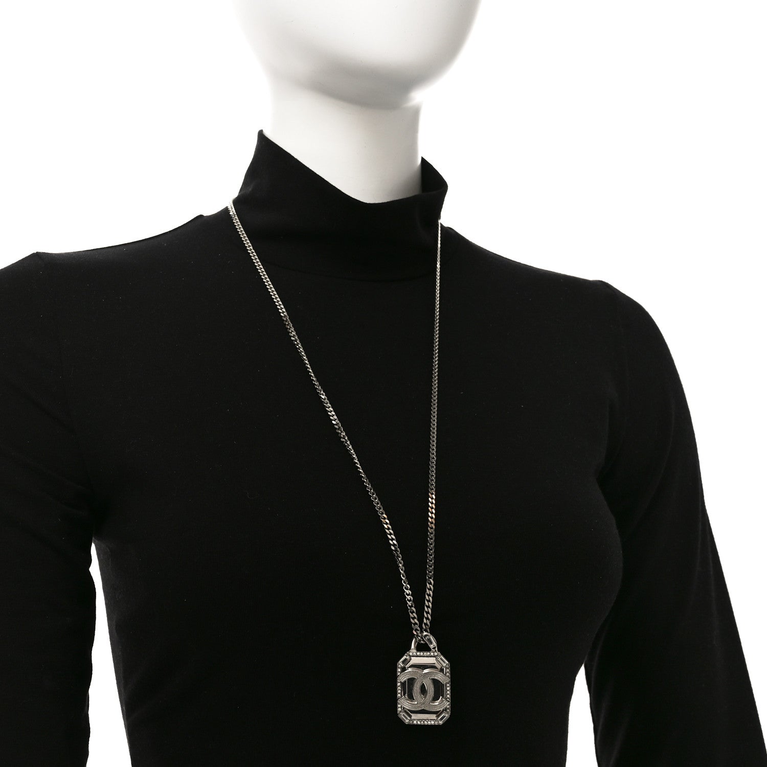 Crystal Baguette CC Mirror Pendant Necklace Silver
